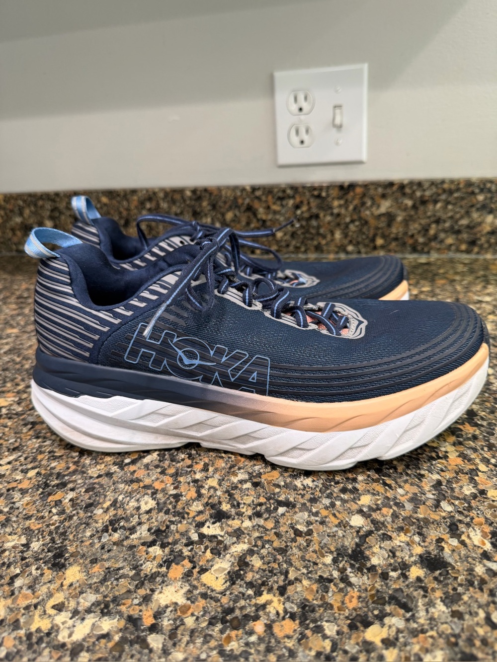 Hoka ladies 10  Navy Running Shoes with Peach Accent